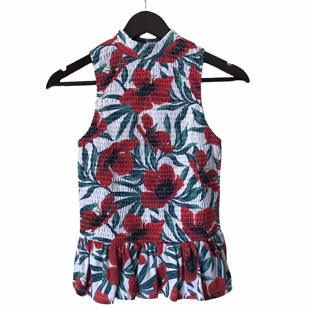 ZARA Trafaluc Red Floral Elasticated Halter Mock Top with Ruffle Hem